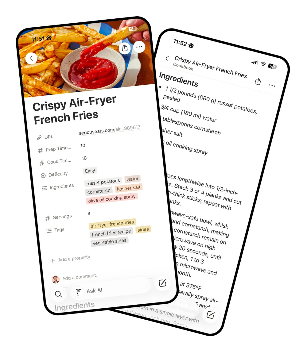 Two phone screenshots of the Notion app. The first shows the Crispy Air-Fryer French Fries page with fries on the cover and its URL, prep time, cook time, difficulty, ingredients and tags. The second shows the ingredient list and steps.
